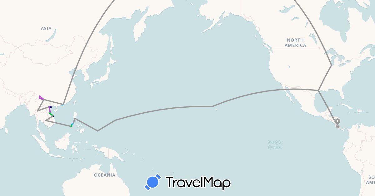TravelMap itinerary: driving, bus, plane, train, boat in China, Costa Rica, Cambodia, Laos, Philippines, Palau, Thailand, United States, Vietnam (Asia, North America, Oceania)